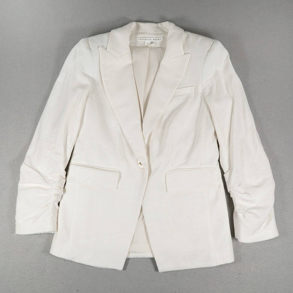 Veronica Beard Womens Blazer Ruched Sleeve Single Button White Size 2 Tailored